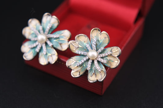 Vintage 925 Sterling Silver Enamel Flower Clip-On Earrings with Genuine Pearls