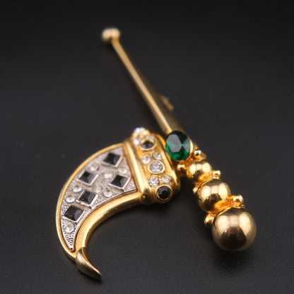 ❤️ Vintage Articulated Geometric Tusk Brooch with Black Rhinestones, Green Glass Accent & Gold Tone Orb Detail