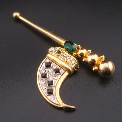 ❤️ Vintage Articulated Geometric Tusk Brooch with Black Rhinestones, Green Glass Accent & Gold Tone Orb Detail