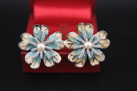 Vintage 925 Sterling Silver Enamel Flower Clip-On Earrings with Genuine Pearls