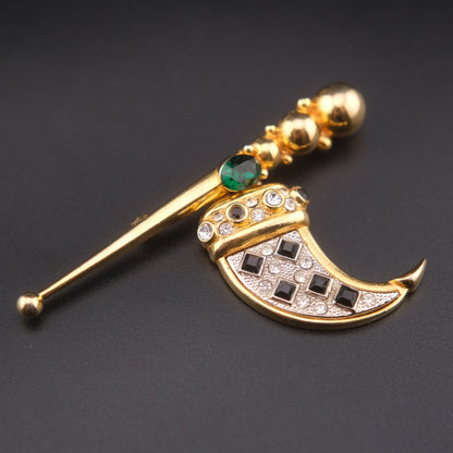 ❤️ Vintage Articulated Geometric Tusk Brooch with Black Rhinestones, Green Glass Accent & Gold Tone Orb Detail
