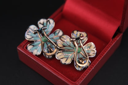 Vintage 925 Sterling Silver Enamel Flower Clip-On Earrings with Genuine Pearls