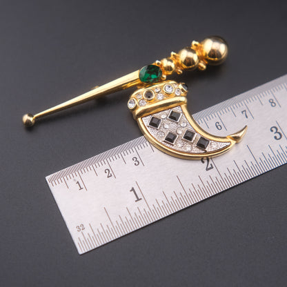 ❤️ Vintage Articulated Geometric Tusk Brooch with Black Rhinestones, Green Glass Accent & Gold Tone Orb Detail