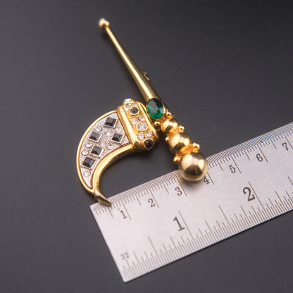 ❤️ Vintage Articulated Geometric Tusk Brooch with Black Rhinestones, Green Glass Accent & Gold Tone Orb Detail