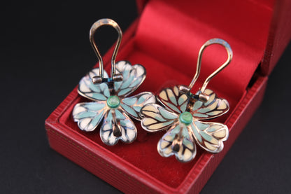 Vintage 925 Sterling Silver Enamel Flower Clip-On Earrings with Genuine Pearls