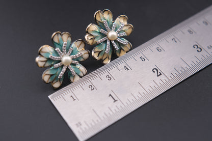 Vintage 925 Sterling Silver Enamel Flower Clip-On Earrings with Genuine Pearls