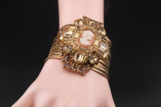 Vintage Cameo & Rhinestone Wide Mesh Bracelet – Statement Gold Tone Cuff