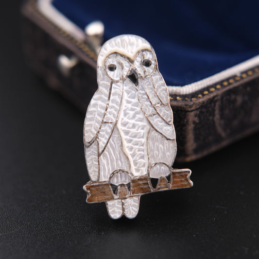 Native American White Pearl Owl Brooch & Pendant – Sterling Silver Cloisonné Enamel