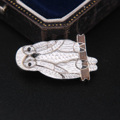 Native American White Pearl Owl Brooch & Pendant – Sterling Silver Cloisonné Enamel