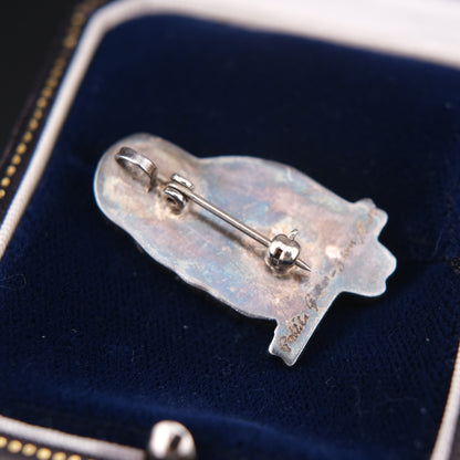 Native American White Pearl Owl Brooch & Pendant – Sterling Silver Cloisonné Enamel