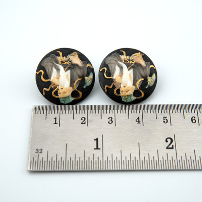 Vintage Toshikane Japan Porcelain Clip-On Earrings – Immortal Elder Shou Xing Motif