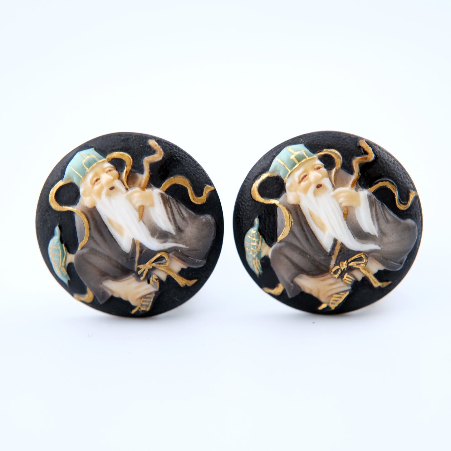Vintage Toshikane Japan Porcelain Clip-On Earrings – Immortal Elder Shou Xing Motif
