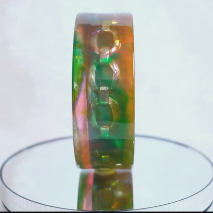 ❤️ Christian Lacroix Acrylic Chain Bangle Bracelet – Green Orange Lucite, Chunky Sculptural 1990s