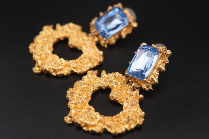 Vintage Christian Lacroix Gold-Tone Heart Cutout Earrings with Blue Crystals