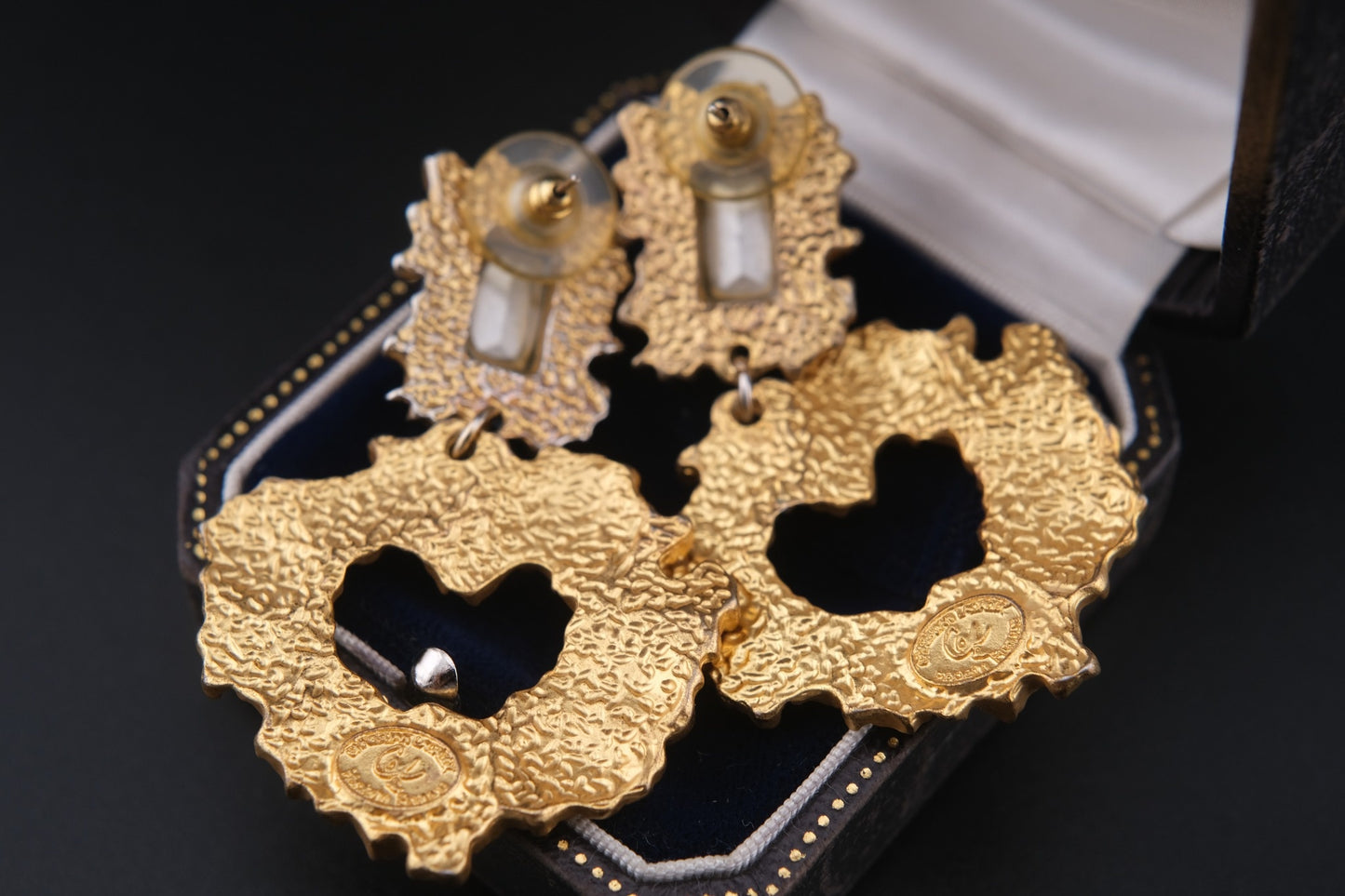 Vintage Christian Lacroix Gold-Tone Heart Cutout Earrings with Blue Crystals