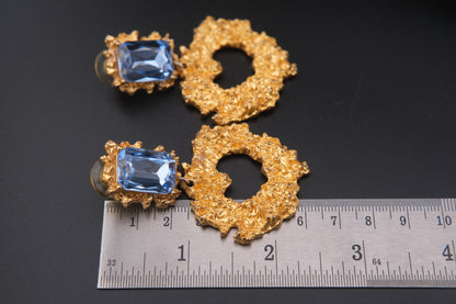 Vintage Christian Lacroix Gold-Tone Heart Cutout Earrings with Blue Crystals