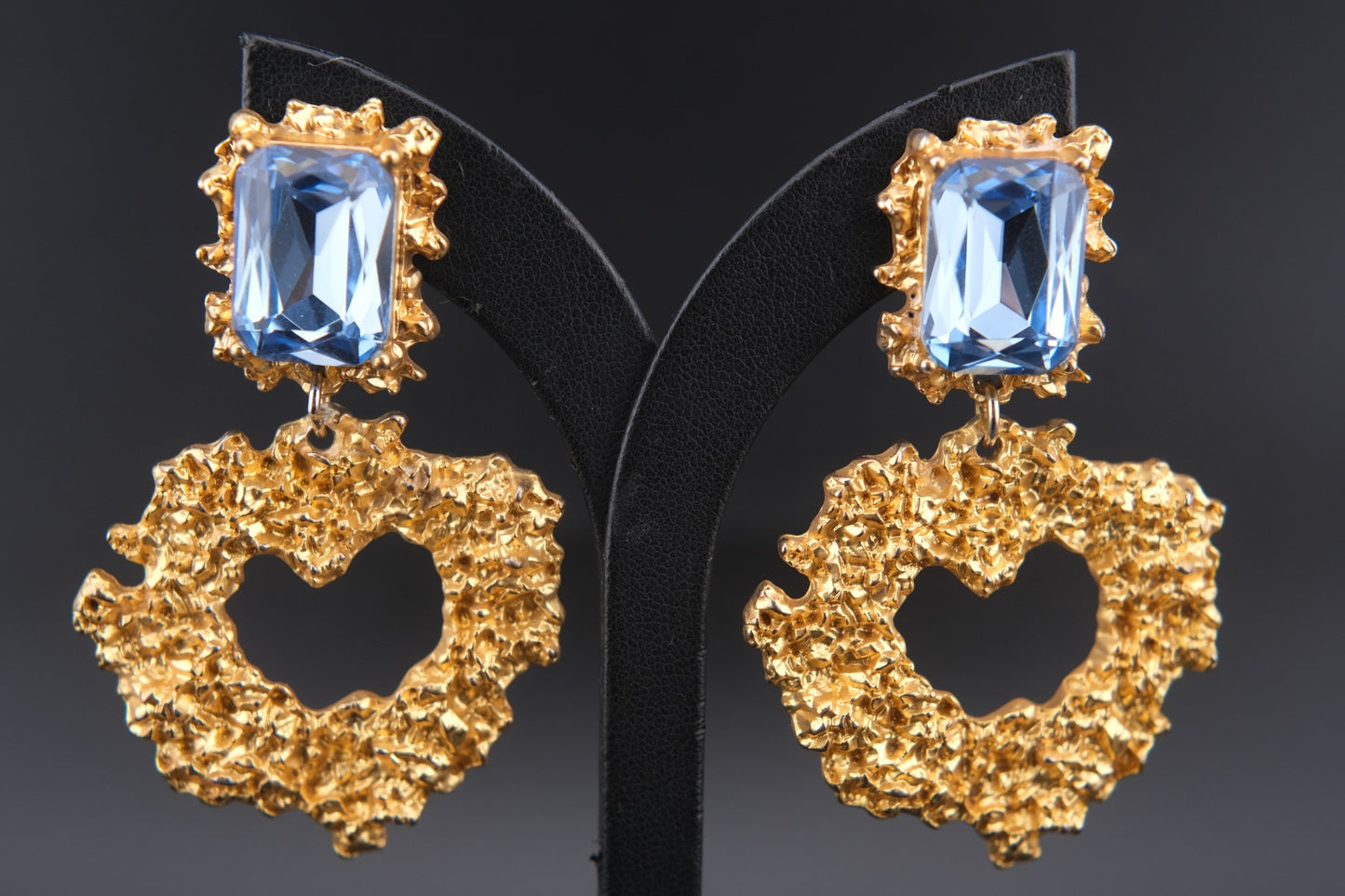 Vintage Christian Lacroix Gold-Tone Heart Cutout Earrings with Blue Crystals