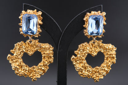 Vintage Christian Lacroix Gold-Tone Heart Cutout Earrings with Blue Crystals