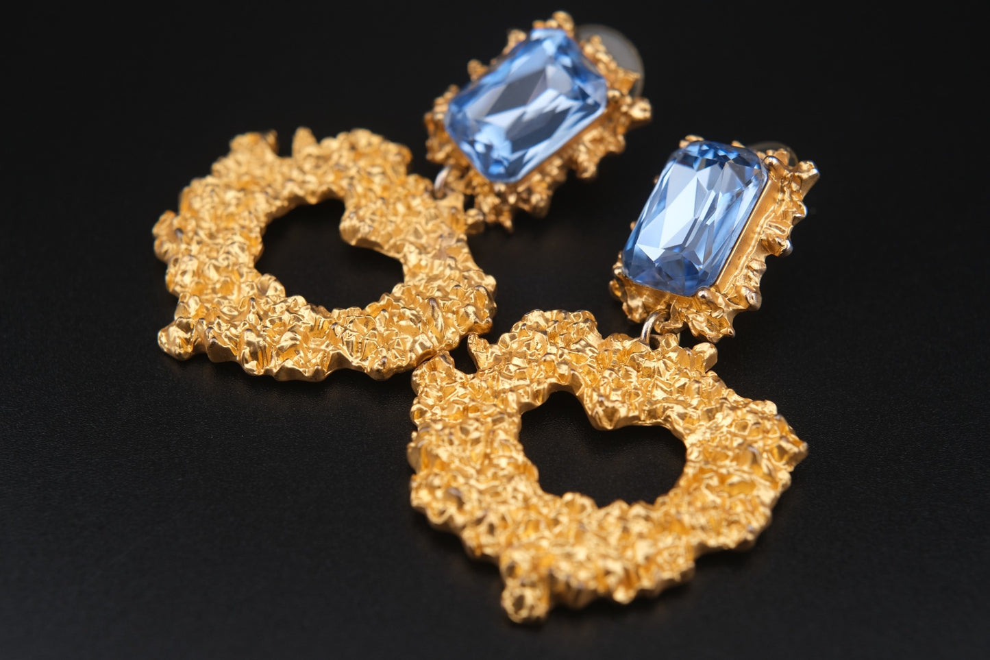 Vintage Christian Lacroix Gold-Tone Heart Cutout Earrings with Blue Crystals
