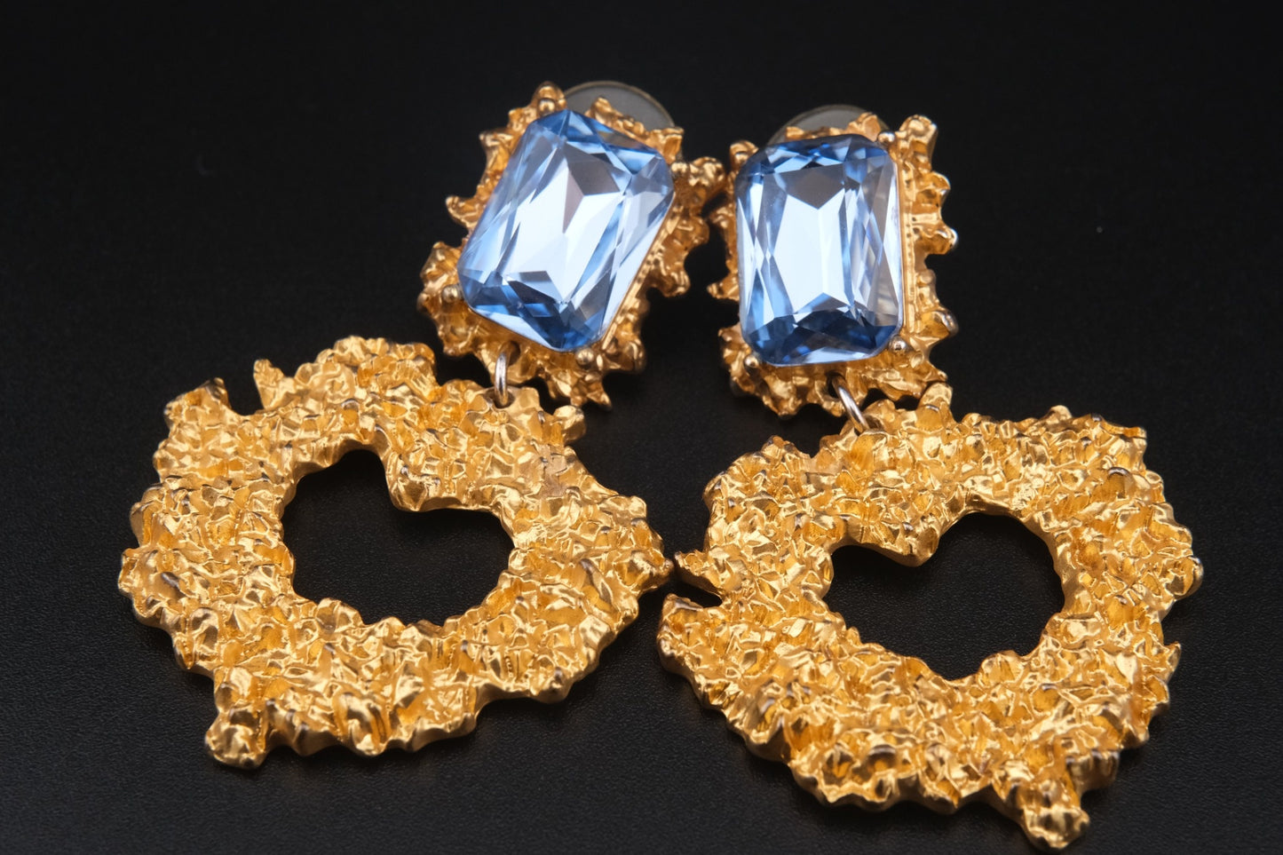 Vintage Christian Lacroix Gold-Tone Heart Cutout Earrings with Blue Crystals