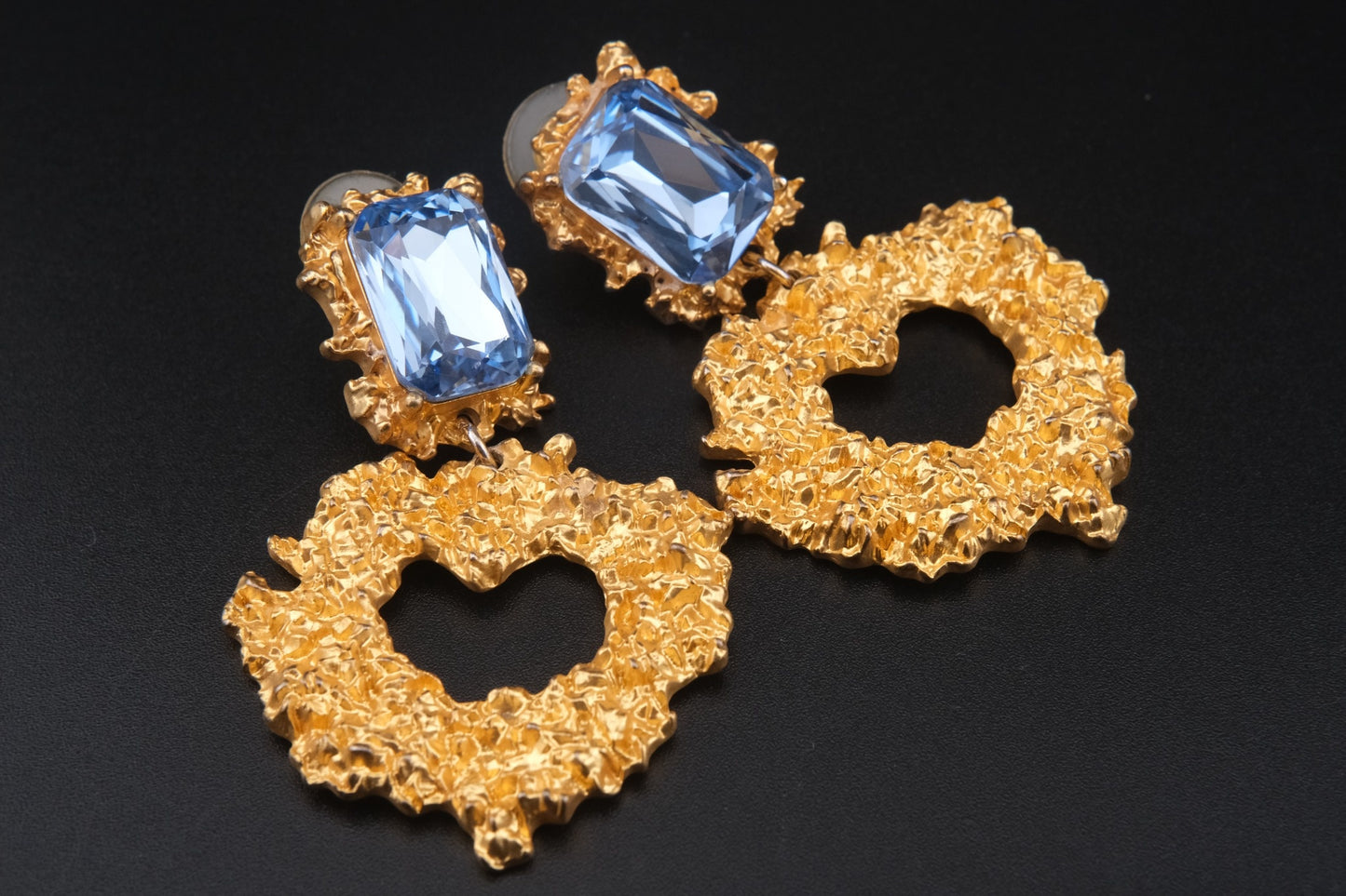 Vintage Christian Lacroix Gold-Tone Heart Cutout Earrings with Blue Crystals
