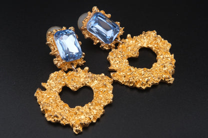 Vintage Christian Lacroix Gold-Tone Heart Cutout Earrings with Blue Crystals