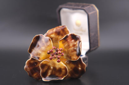 Vintage Enamel Flower Brooch – Gold Tone with Maroon Bead Accents