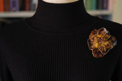 Vintage Enamel Flower Brooch – Gold Tone with Maroon Bead Accents