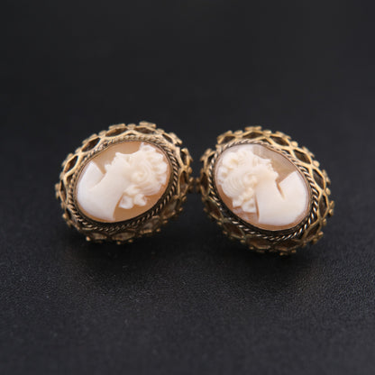 ❤️ Vintage Shell Cameo Screw Back Earrings – Gold Tone Filigree Portrait
