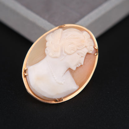 ❤️ Vintage Shell Cameo Brooch Pendant – Classical Lady Profile in Gold-Tone Frame