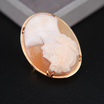 ❤️ Vintage Shell Cameo Brooch Pendant – Classical Lady Profile in Gold-Tone Frame