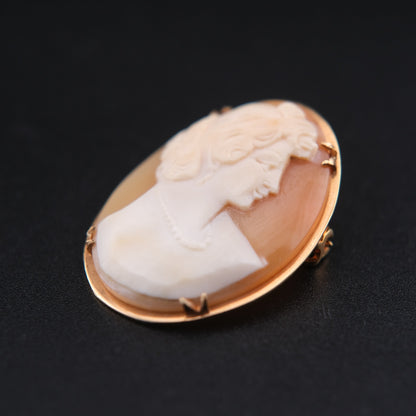 ❤️ Vintage Shell Cameo Brooch Pendant – Classical Lady Profile in Gold-Tone Frame