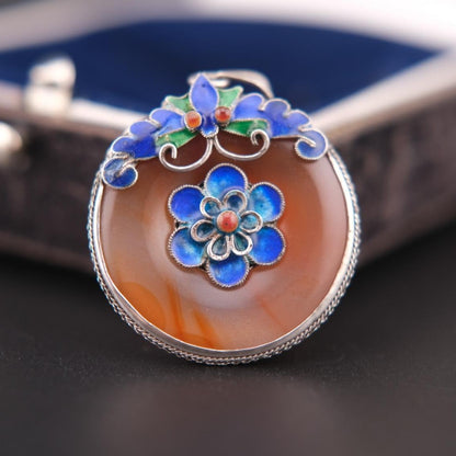 ❤️ Vintage Chinese Carnelian Butterfly & Flower Enamel Silver Pendant