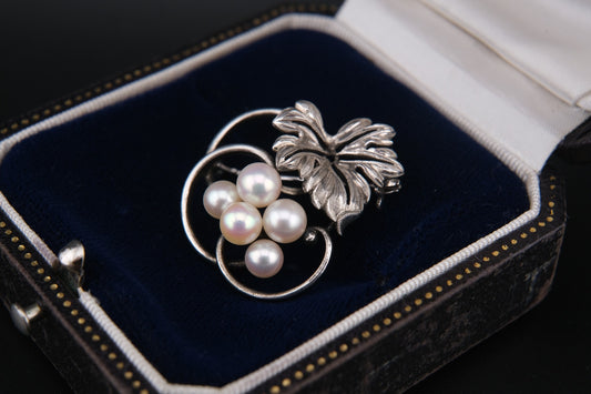 Mikimoto Leaf Brooch – Sterling Silver with Akoya Pearls, 1960s Vintage
