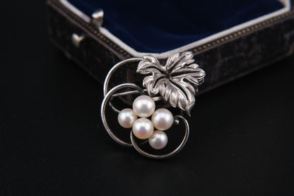 Mikimoto Leaf Brooch – Sterling Silver with Akoya Pearls, 1960s Vintage