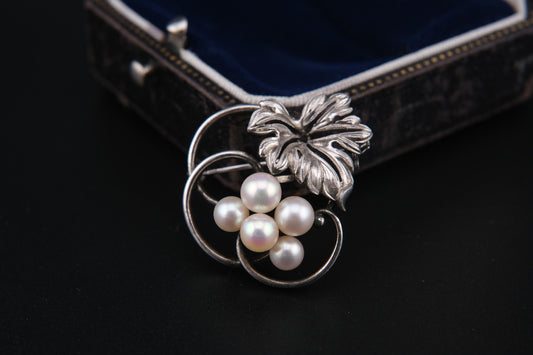 Mikimoto Leaf Brooch – Sterling Silver with Akoya Pearls, 1960s Vintage