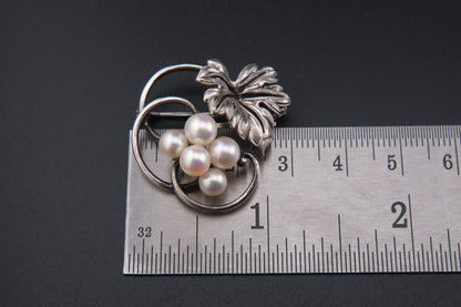 Mikimoto Leaf Brooch – Sterling Silver with Akoya Pearls, 1960s Vintage