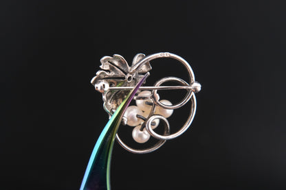 Mikimoto Leaf Brooch – Sterling Silver with Akoya Pearls, 1960s Vintage