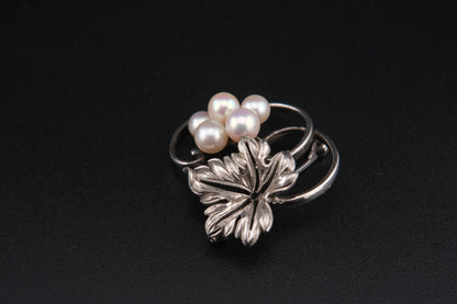 Mikimoto Leaf Brooch – Sterling Silver with Akoya Pearls, 1960s Vintage