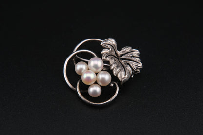 Mikimoto Leaf Brooch – Sterling Silver with Akoya Pearls, 1960s Vintage