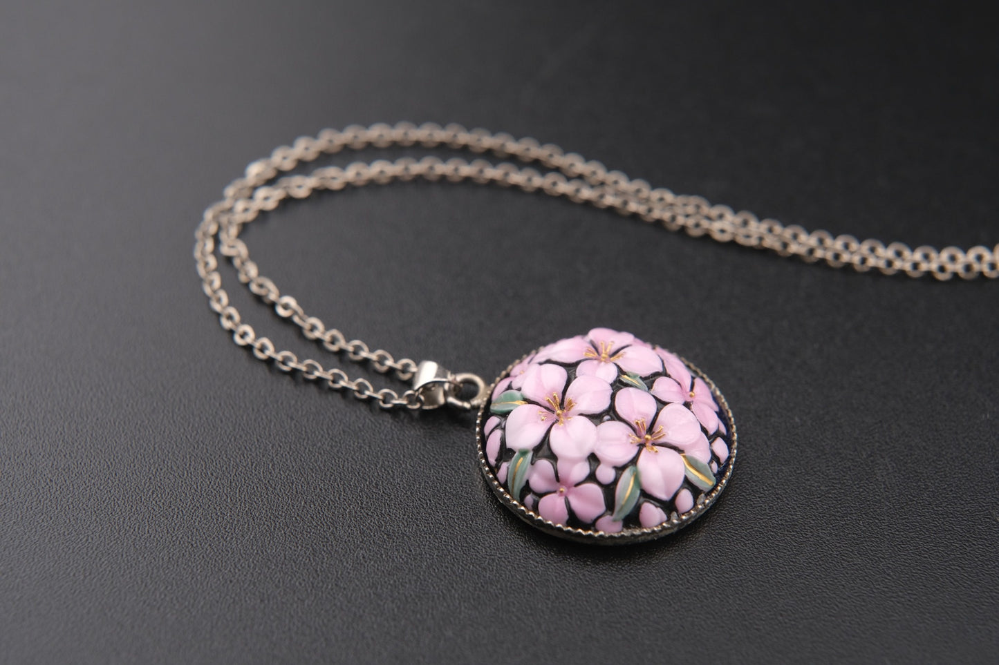 Vintage Toshikane Cherry Blossom Pendant Necklace – Japanese Porcelain with Sterling Silver Chain
