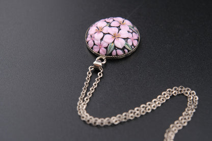 Vintage Toshikane Cherry Blossom Pendant Necklace – Japanese Porcelain with Sterling Silver Chain