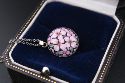 Vintage Toshikane Cherry Blossom Pendant Necklace – Japanese Porcelain with Sterling Silver Chain