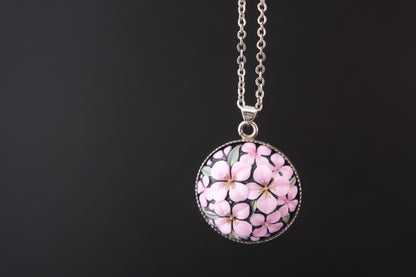 Vintage Toshikane Cherry Blossom Pendant Necklace – Japanese Porcelain with Sterling Silver Chain