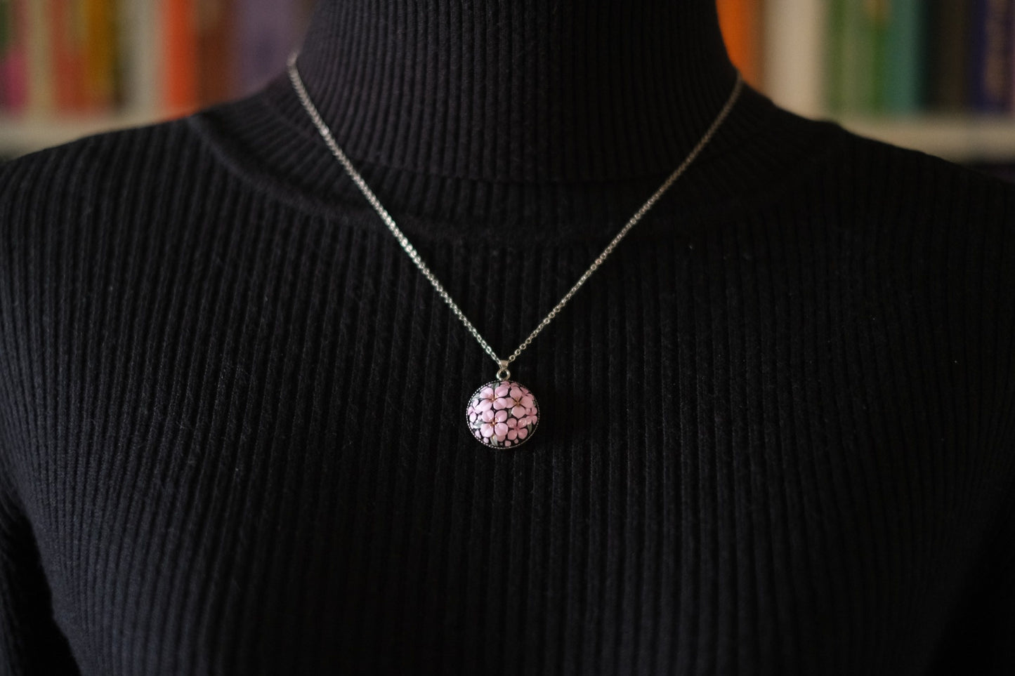 Vintage Toshikane Cherry Blossom Pendant Necklace – Japanese Porcelain with Sterling Silver Chain