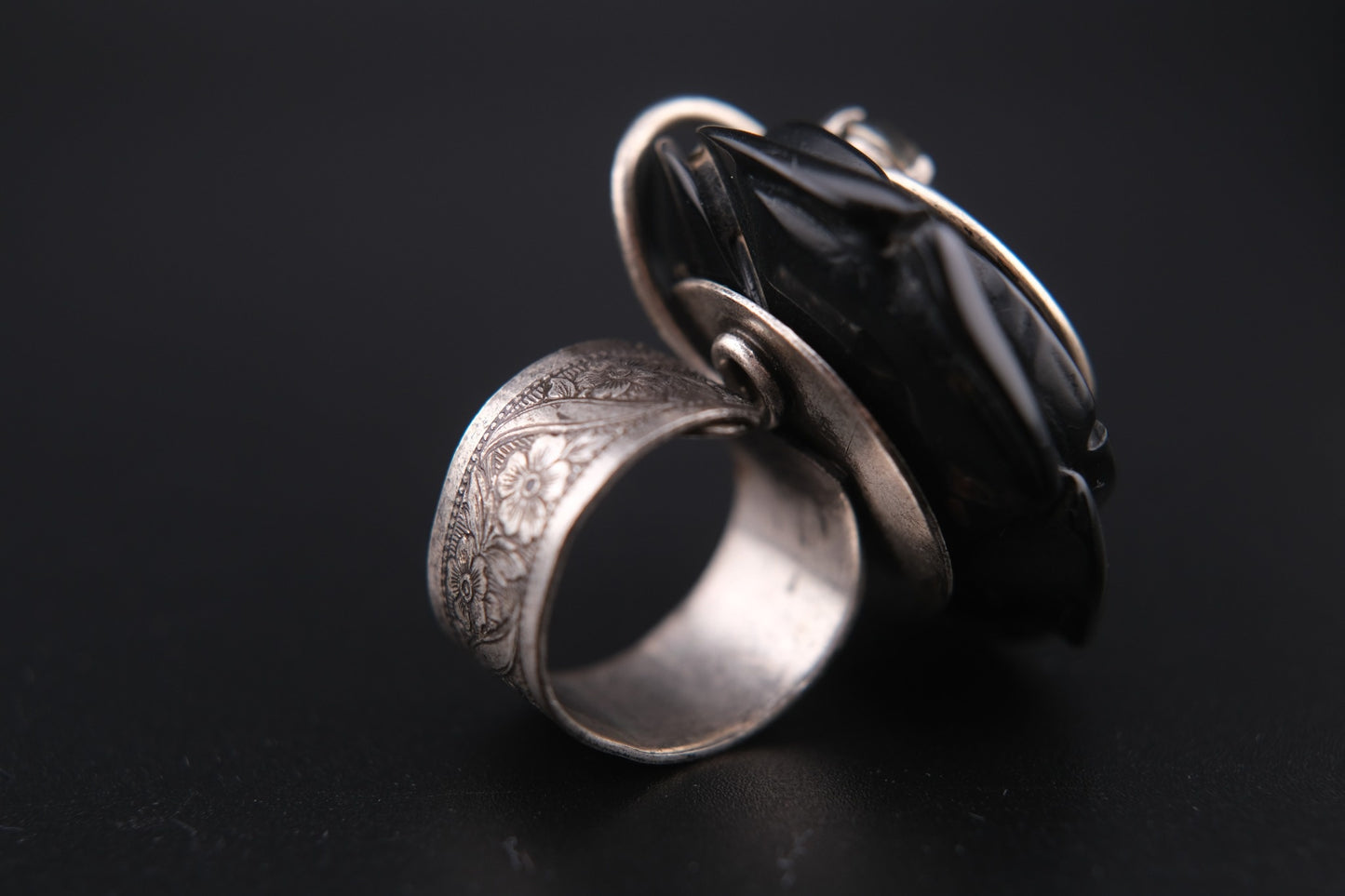 Vintage Philippe Ferrandis Paris Black Resin Rose Statement Ring with Crystals