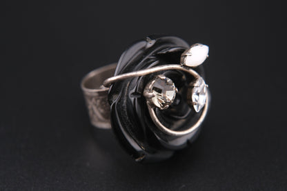 Vintage Philippe Ferrandis Paris Black Resin Rose Statement Ring with Crystals