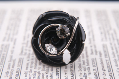 Vintage Philippe Ferrandis Paris Black Resin Rose Statement Ring with Crystals