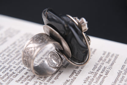 Vintage Philippe Ferrandis Paris Black Resin Rose Statement Ring with Crystals