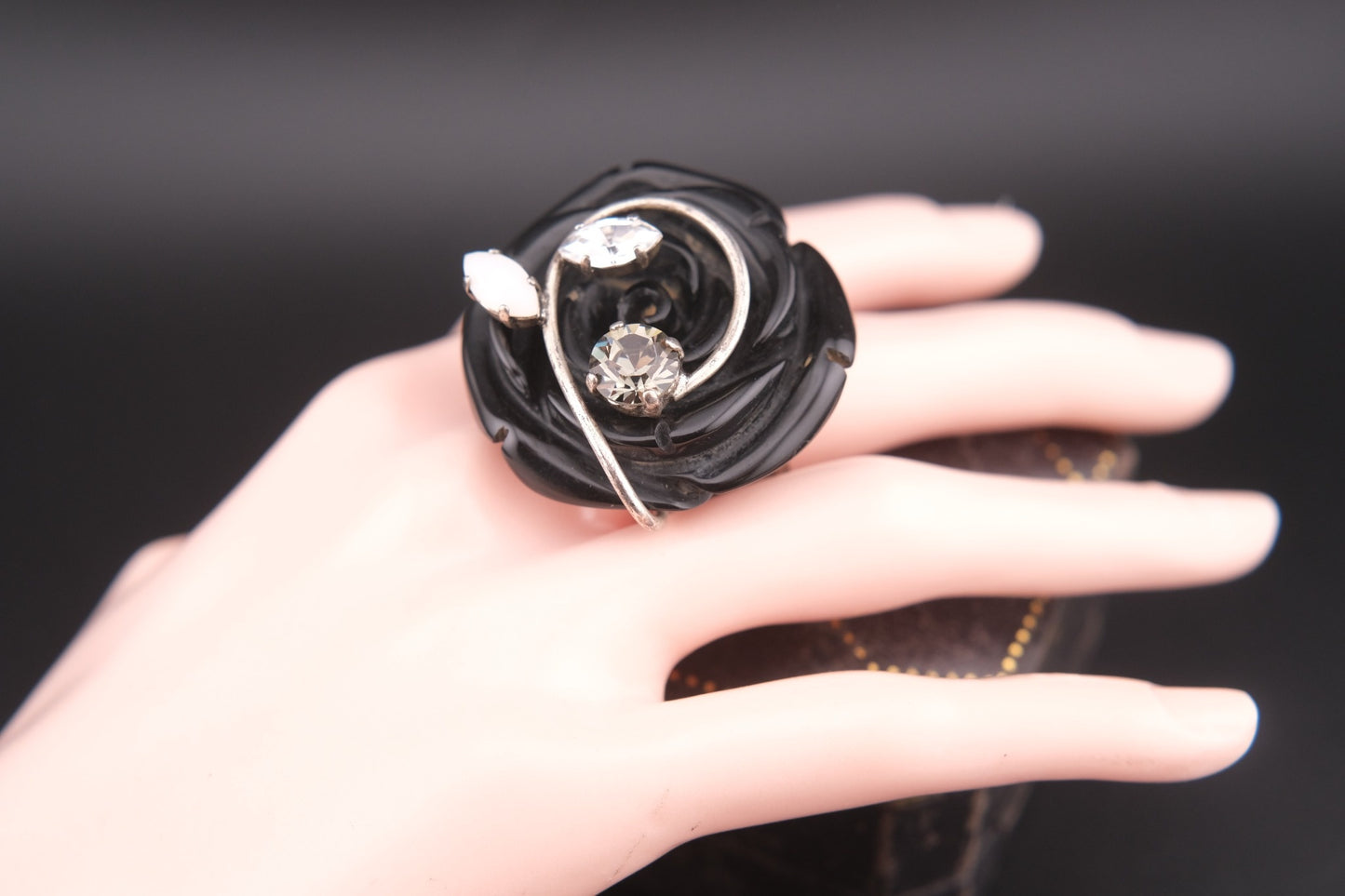Vintage Philippe Ferrandis Paris Black Resin Rose Statement Ring with Crystals